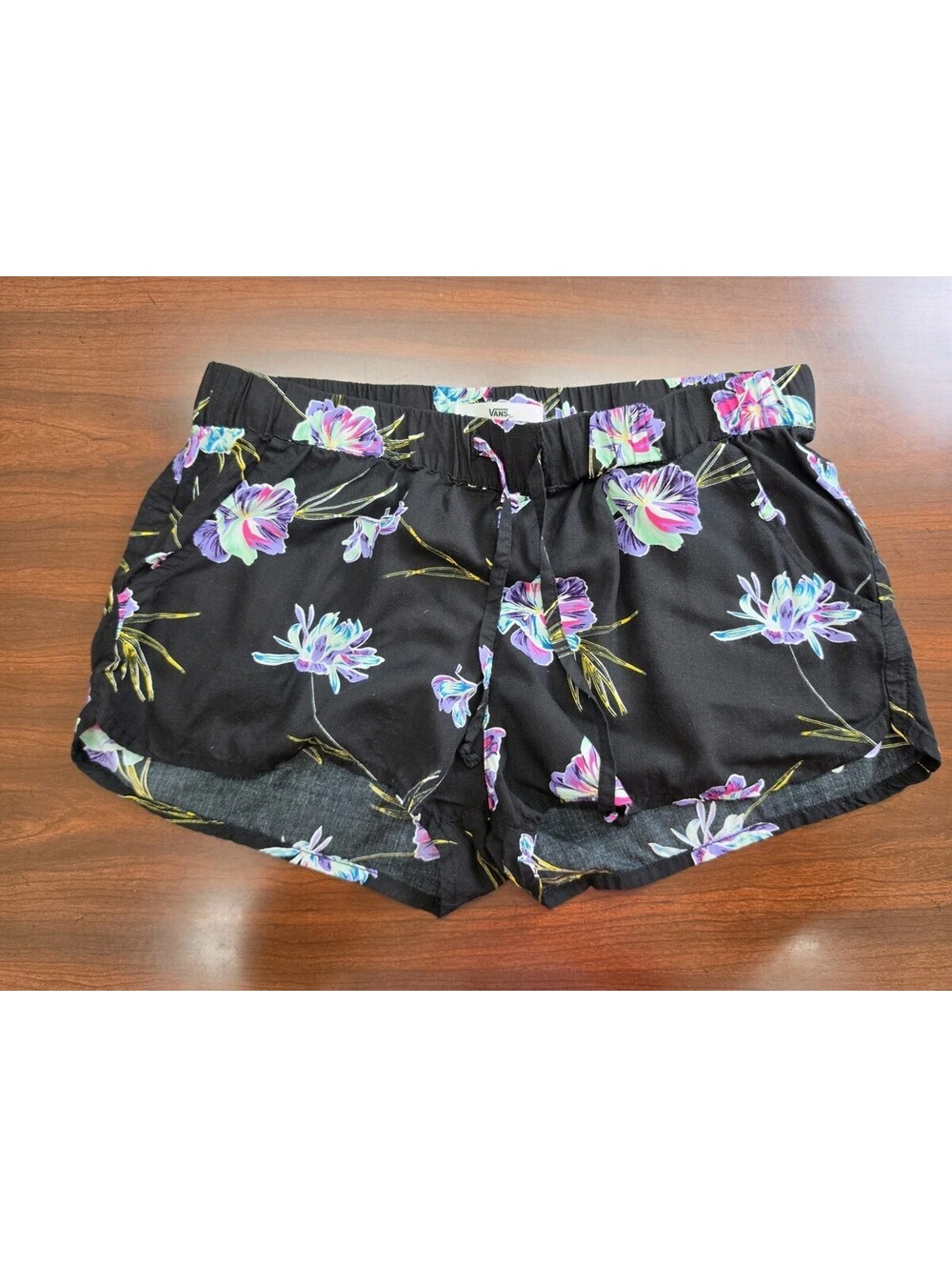 Vans Shorts Small Black Floral Print Drawstring Elastic Waist Beach Y2K Skater